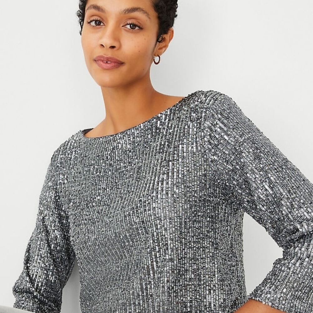 Ann Taylor - Sequin ¾ Sleeve Top - Grey/Silver | L